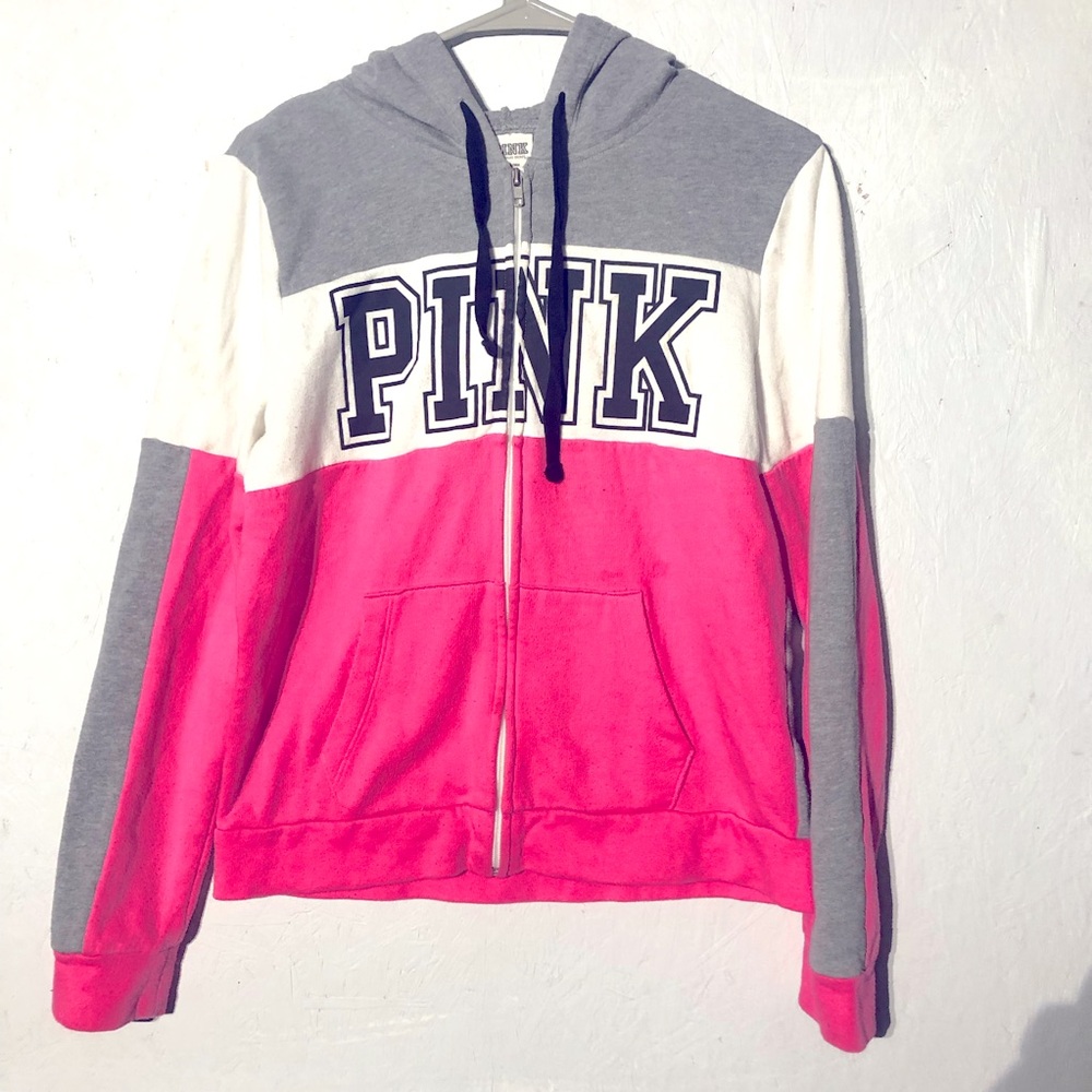 PINK by Victorias Secret pink and grey zip up logo hoodie. Size medium - Picture 2 of 8